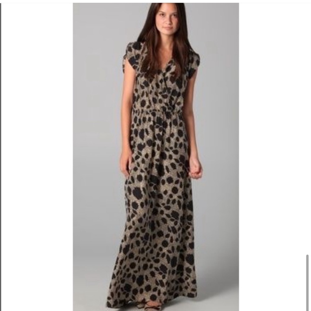 Parker 100% Silk Printed V Neck Maxi Dress in Tan Black Size XS